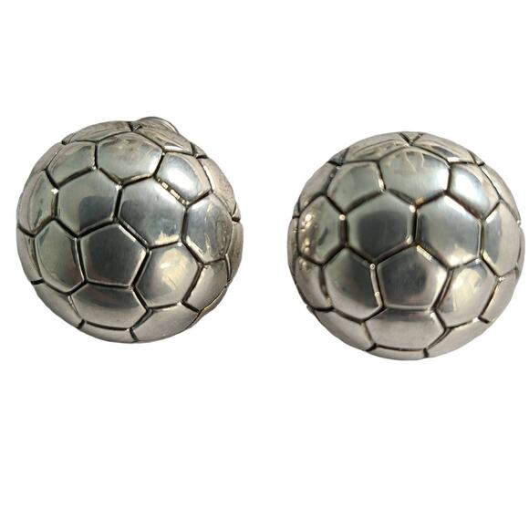 Vintage 1990s Soccer Ball Silver tone Metal Stud Earrings 1" NEW Deadstock - Picture 1 of 4